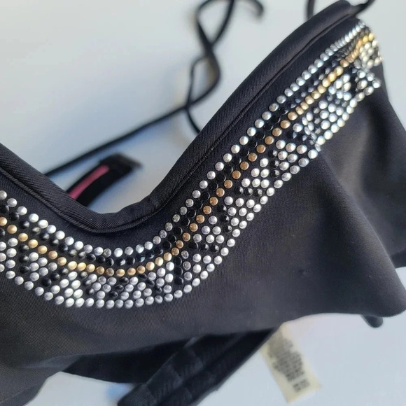 PINK by Victoria Secret Bikini Swim Top Black Studded Padded Draped Top Size XS - Picture 6 of 10